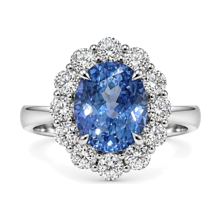 Anillo Tierra con zafiro de laboratorio cornflower 2,77 ct y orla de diamantes de laboratorio en oro blanco 18K, vista frontal